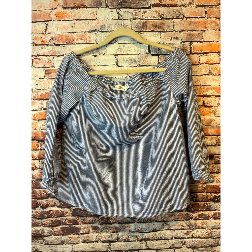 vineyard vines blue striped cropped off shoulder seesucker top blouse women's 12